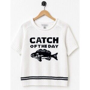 Free Assembly Women S 4-6 Catch of the Day Fish Short Sleeve Knit Sweater White
